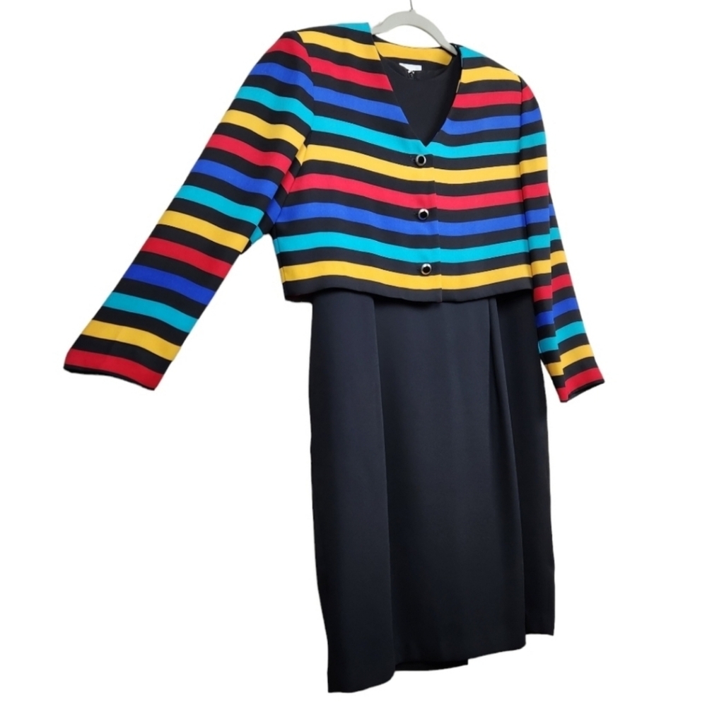Leslie Fay Vintage Bold Rainbow Stiped Jacket and Dress Set Women's Size 12P - Picture 2 of 9